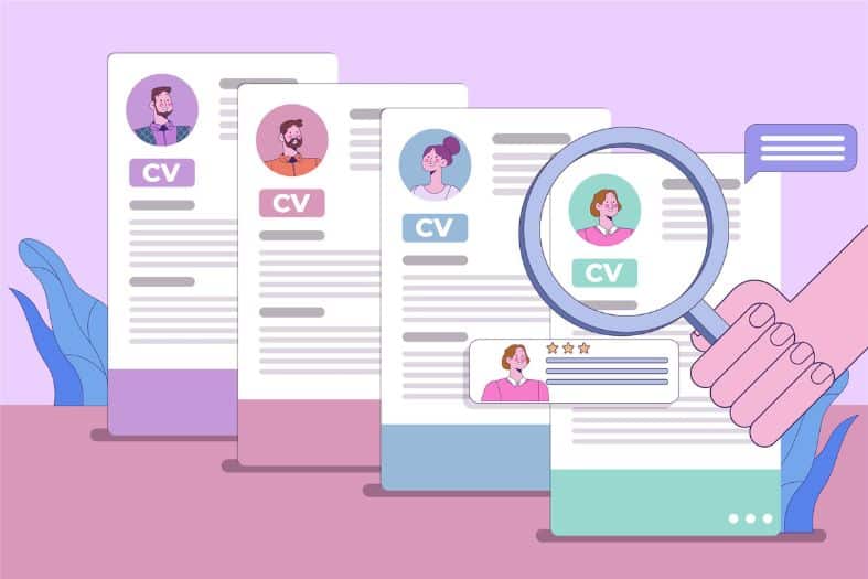 CV resumes screening process with magnifying glass and HR evaluation icons illustrating efficient hiring through Pro Ints HRIS  ERP software