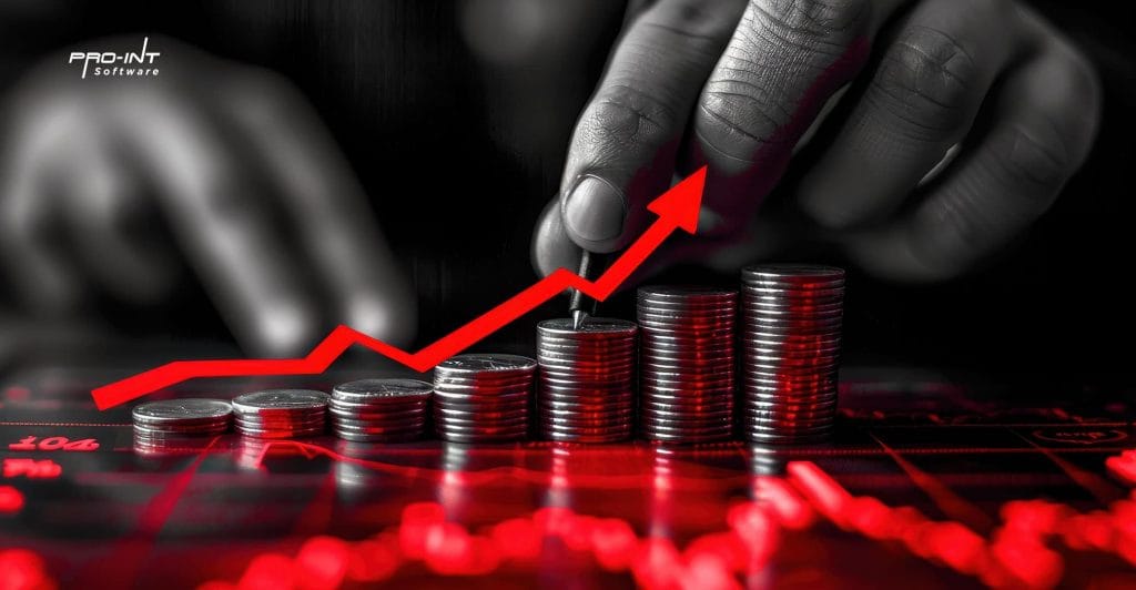 Coins stacked in increasing order with a red upward arrow symbolizing financial growth and business success associated with HRIS  ERP software solutions