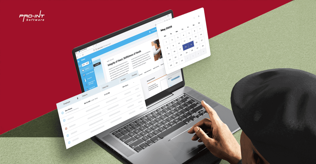 Efficient HRIS and ERP software system on a laptop screen showcasing employee management attendance tracking and scheduling tools